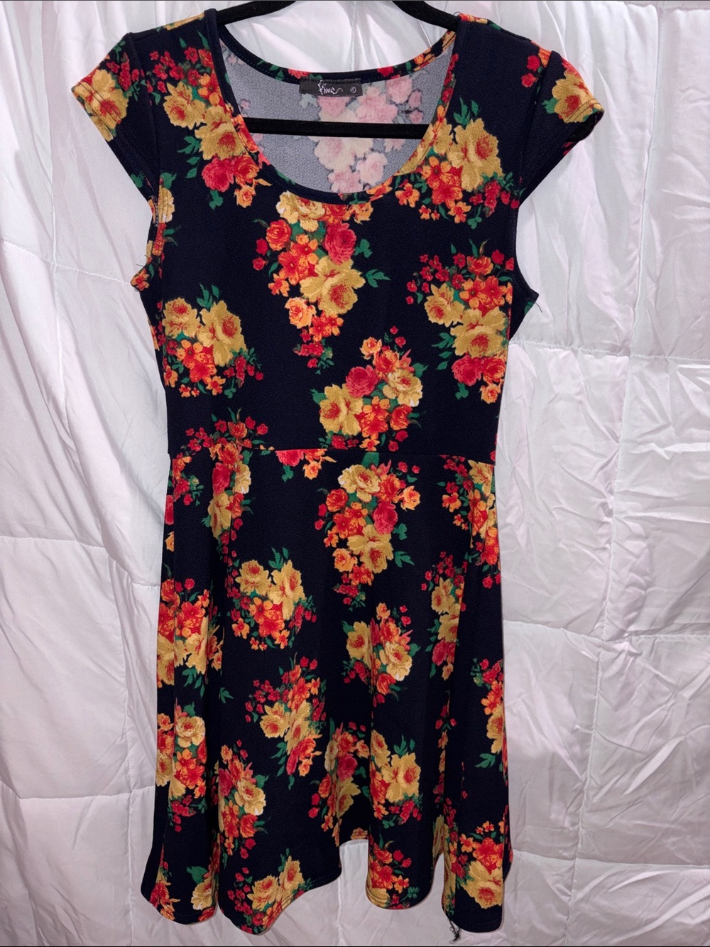 Pinc Black Scoop-Neck Fit & Flare Dress with Yellow and Red Floral Print